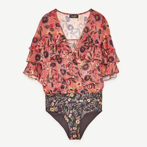 Zara Boho Ruffled Bodysuit Sheer Flowy Chiffon Wrap Deep Vneck Tiered